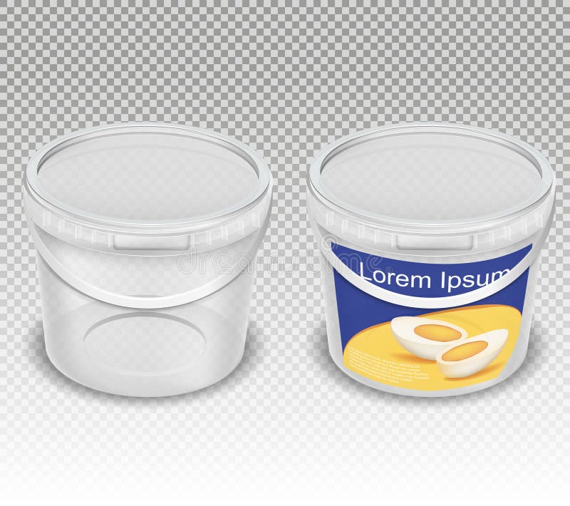 Mayonaise Emmers Met Cap Mockup. Ontwerp Kunststof Verpakking Vector Illustratie - goud, product: 190103674