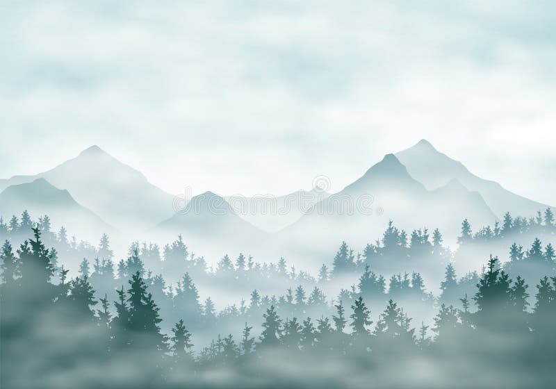 Realistische Illustration von Berglandschaftsschattenbildern mit Wald und Koniferenbäumen Nebeln Sie Dunst oder Wolken unter grün