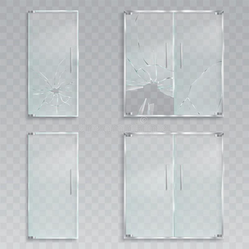 Realistische Illustrationen des Vektors eines Plans der Glastüren eines Eingangs mit Metall behandelt unversehrtes und defektes G vektor abbildung Realistische Illustrationen des Vektors eines Plans der Glastüren eines Eingangs mit Metall behandelt unversehrtes und defektes G vektor abbildung