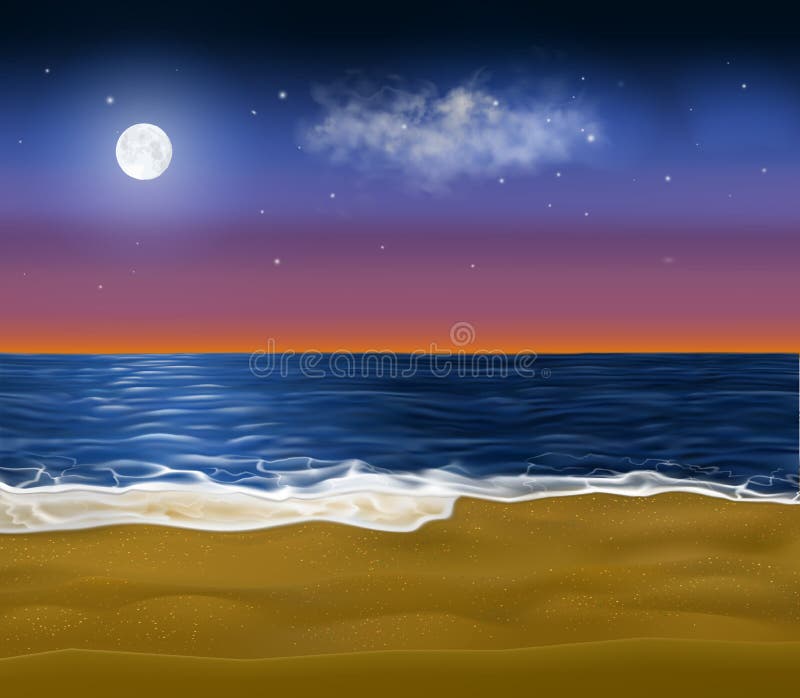 Realistische paradiesische Küste am frühen Morgen Vector Sandstrand unter dem Sonnenaufgang Himmel mit noch leuchtendem Mond vektor abbildung Realistische paradiesische Küste am frühen Morgen Vector Sandstrand unter dem Sonnenaufgang Himmel mit noch leuchtendem Mond vektor abbildung