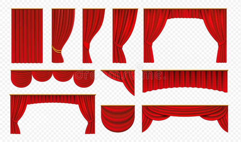 Realistic red curtains. Theater stage drapery, luxury wedding cover decoration, theatrical borders. Vector opera silk or velvet isolated on white. Realistic red curtains. Theater stage drapery, luxury wedding cover decoration, theatrical borders. Vector opera silk or velvet isolated on white