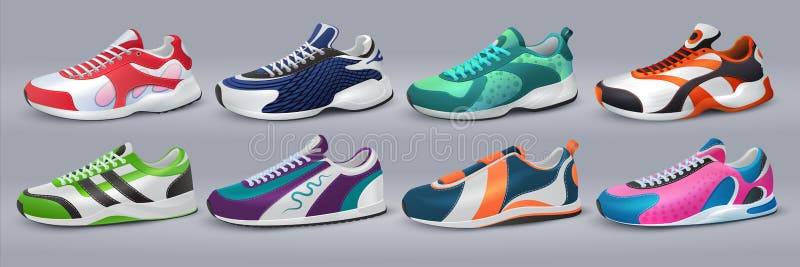 Realistische Sneaker Schuhe und Trainingsschuhe, Modesportgeschäfte, bunte Schuhe Vector Sportschuhe stock abbildung