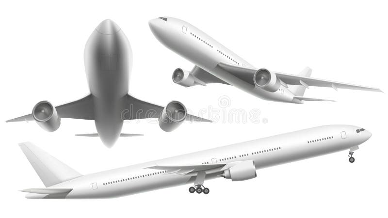Realistische vliegtuigen Het passagiersvliegtuig, het hemel vliegende vliegtuig en het vliegtuig in verschillende meningen isolee