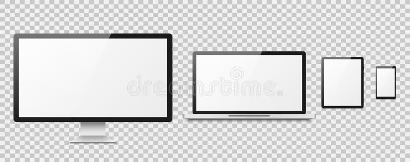 Realistischer Computer Computertischplattenschirm, Gerätlaptoptablettentelefon Smartphonemonitor-Vektorsatz stock abbildung