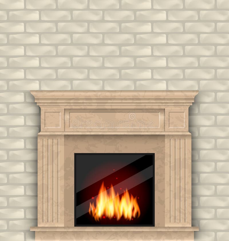 Realistischer Marmorkamin mit Feuer im Innenraum, Backsteinmauer lizenzfreie abbildung Realistischer Marmorkamin mit Feuer im Innenraum, Backsteinmauer lizenzfreie abbildung