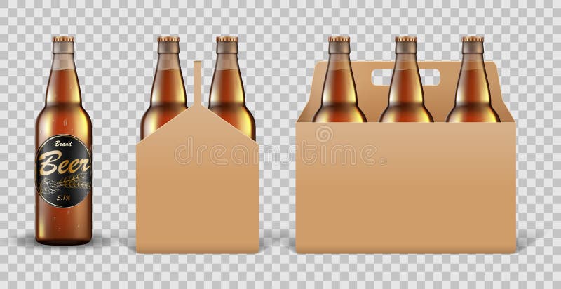 Realistischer Satz der Glasbierflasche in Verpackenkasten auf transparentem Hintergrund Bierschablone Modell für Kneipe oder Bar stock abbildung