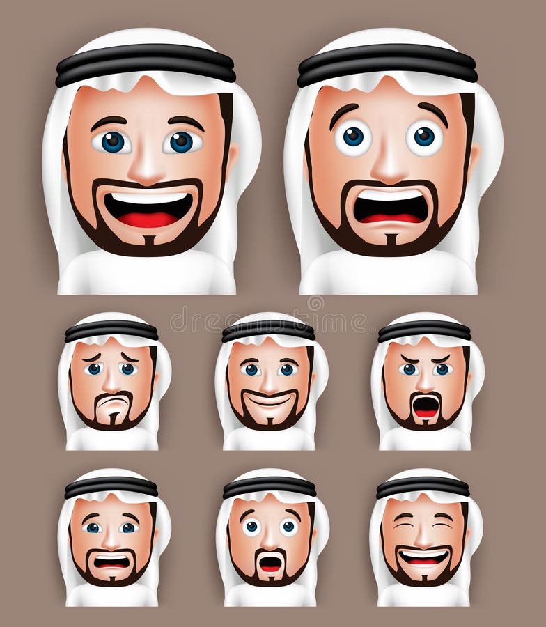 Realistischer saudi-arabischer Mann-Kopf mit verschiedenen Gesichtsausdrücken