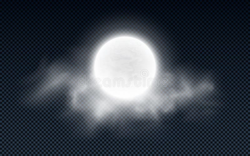 Realistischer Vollmond mit den Wolken lokalisiert auf einem transparenten Hintergrund Weißer Nebel Dunkle Nacht Glühender Milchmo