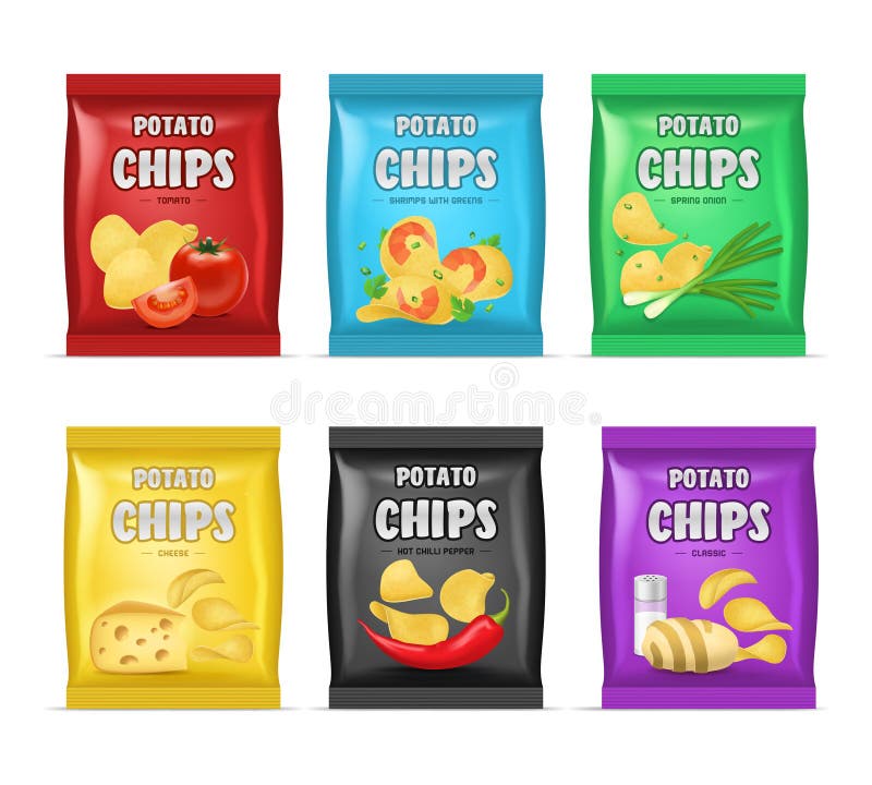 Realistisches ausführliches 3d Chips Advertisement Bag Set Vektor lizenzfreie abbildung Realistisches ausführliches 3d Chips Advertisement Bag Set Vektor lizenzfreie abbildung