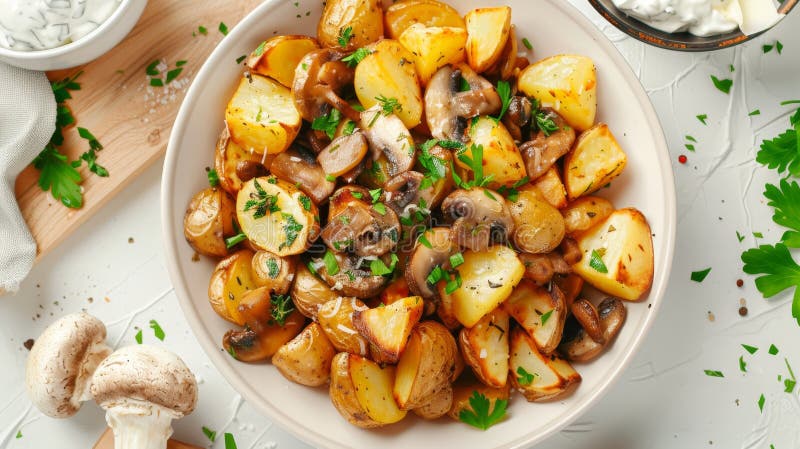 Realistisches Bild knuspriger Kartoffeln und Pilze mit KräuterQuark-Dip auf hellem Hintergrund stock abbildung