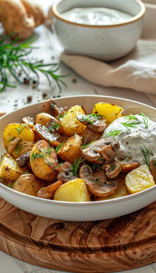 Realistisches Bild knuspriger Kartoffeln und Pilze mit KräuterQuark-Dip auf hellem Hintergrund vektor abbildung