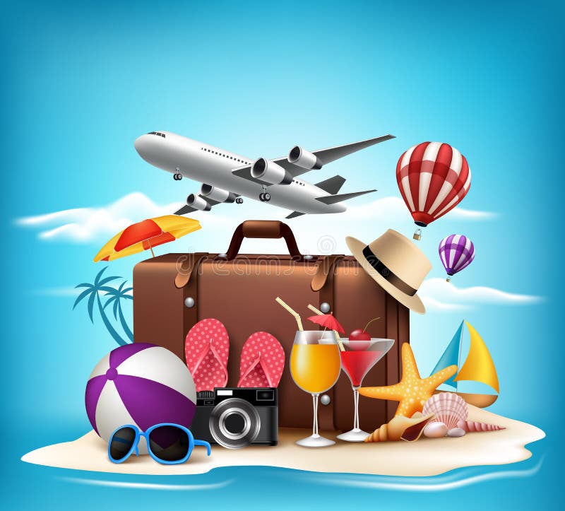 Realistisches Ferien-Design des Sommer-3D für Reise in einem Sand-Strand stock abbildung