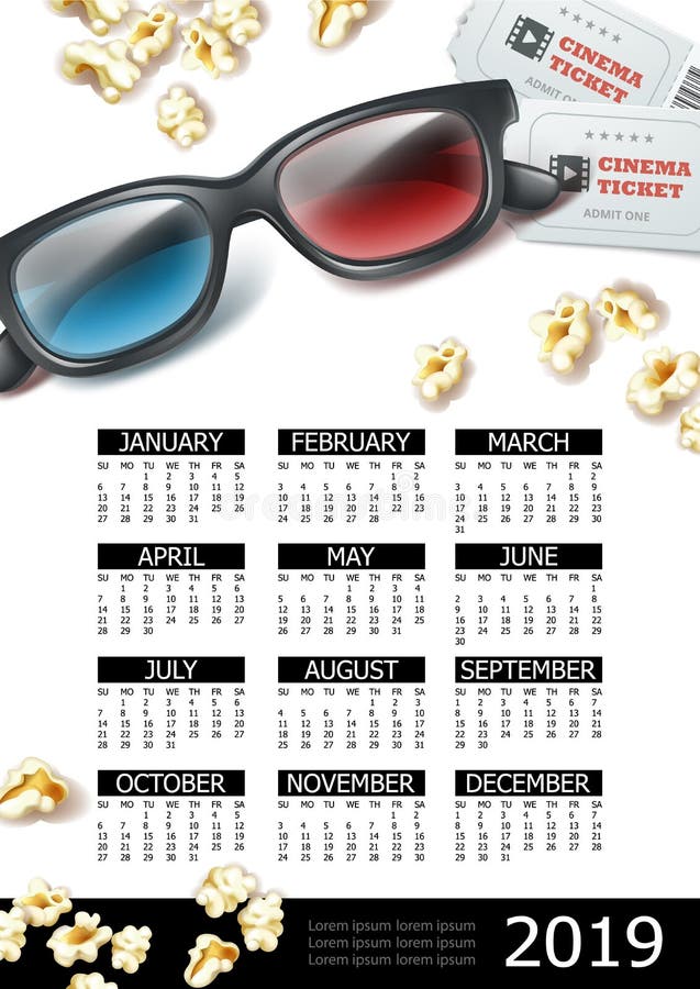 Realistisches Kino-2019-jährige Kalender-Schablone vektor abbildung Realistisches Kino-2019-jährige Kalender-Schablone vektor abbildung