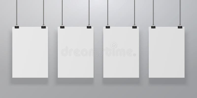 Realistisches Plakatmodell Hängen des leeren Papiers an den Mappen an der Wand, leeres Plakat des Papiers A4 befestigt auf Seilen vektor abbildung Realistisches Plakatmodell Hängen des leeren Papiers an den Mappen an der Wand, leeres Plakat des Papiers A4 befestigt auf Seilen vektor abbildung
