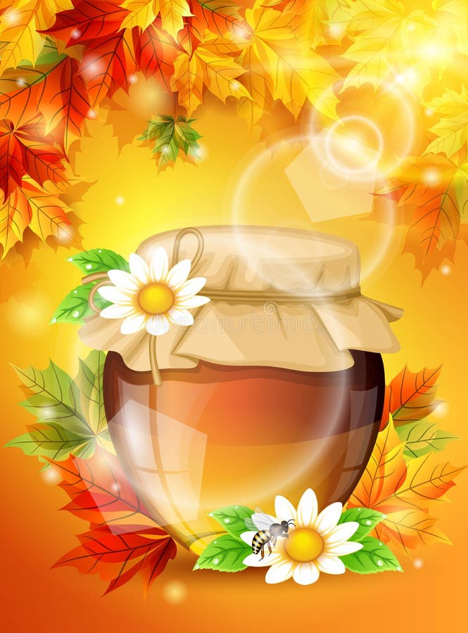 Realistisches sonniges Herbstlicht, helle Ahornblätter, ein Glas Honig im Hintergrund Bunte und hochwertige Schablone lizenzfreie abbildung Realistisches sonniges Herbstlicht, helle Ahornblätter, ein Glas Honig im Hintergrund Bunte und hochwertige Schablone lizenzfreie abbildung