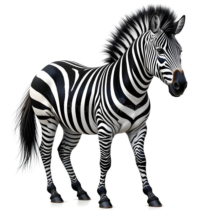 Realistisches Zebra mit perfekten Streifen isoliert auf weißem Hintergrund. Ein realistisches Zebra mit perfekt abgestimmten schwarz-weißen Streifen. Gefangen in einer natürlichen dynamischen Pose mit einem fließenden Mund starken Beinen und Ohren alarmiert. Ideal für Artenaufnahmen und Naturfotografie.