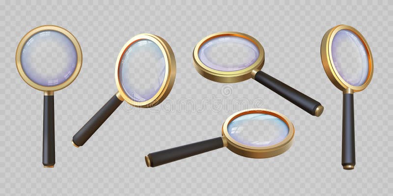 Realistisk 3d-förstoringsglasets överkant och vinkelvy. förstorare med genomskinlig lins. Förstora lupa zoom-utrustning. söka vektor illustrationer