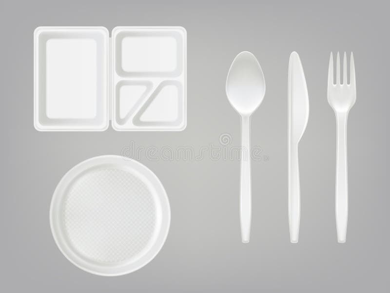 Realistisk disponibel plast- lunchask för vektor 3d, platta, sked, gaffel, kniv Picknickbordsservisuppsättning på grå bakgrund royaltyfri illustrationer Realistisk disponibel plast- lunchask för vektor 3d, platta, sked, gaffel, kniv Picknickbordsservisuppsättning på grå bakgrund royaltyfri illustrationer