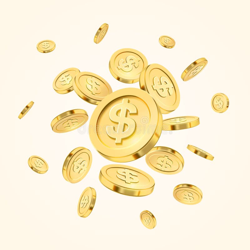 Realistisk explosion eller färgstänk för guld- mynt på vit bakgrund coins guld- regn Falla eller flyga pengar _ royaltyfri illustrationer Realistisk explosion eller färgstänk för guld- mynt på vit bakgrund coins guld- regn Falla eller flyga pengar _ royaltyfri illustrationer