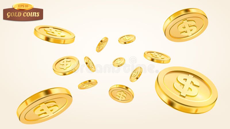 Realistisk explosion eller färgstänk för guld- mynt på vit bakgrund coins guld- regn Falla eller flyga pengar _