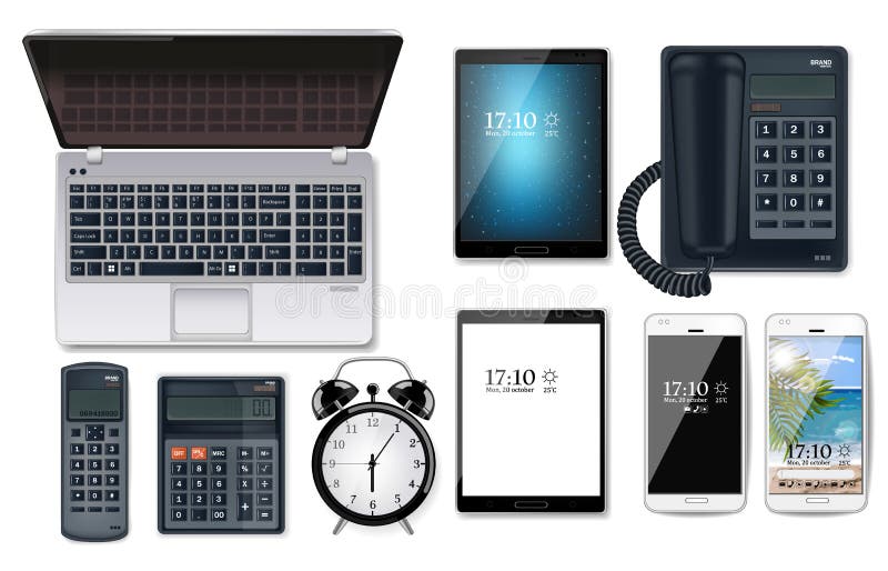Realistisk fastställd vektor för affärsgrejer Dator minnestavla, telefon, räknemaskiner vektor illustrationer Realistisk fastställd vektor för affärsgrejer Dator minnestavla, telefon, räknemaskiner vektor illustrationer