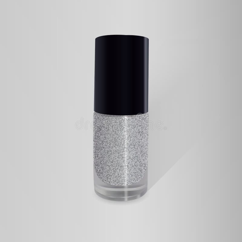 Nail polish, lacquer realistic bottle with silver glitter on gray background. Vector illustration. EPS10. Nail polish, lacquer realistic bottle with silver glitter on gray background. Vector illustration. EPS10.