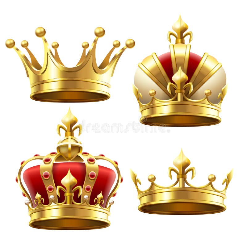 Realistisk guld- krona Kröna huvudbonaden för konung och drottning Kunglig kronavektoruppsättning