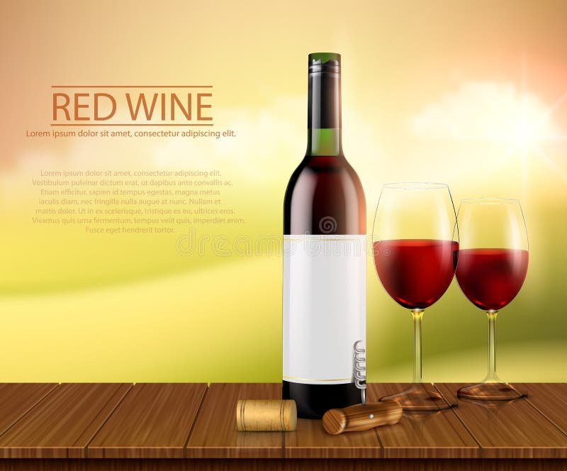 Realistisk illustration, affisch med glass vinbottl och exponeringsglas med rött vin vektor illustrationer Realistisk illustration, affisch med glass vinbottl och exponeringsglas med rött vin vektor illustrationer