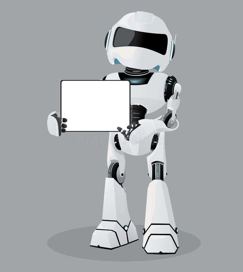 Realistisk illustration för vektor av den vita roboten Tablet i händer stock illustrationer