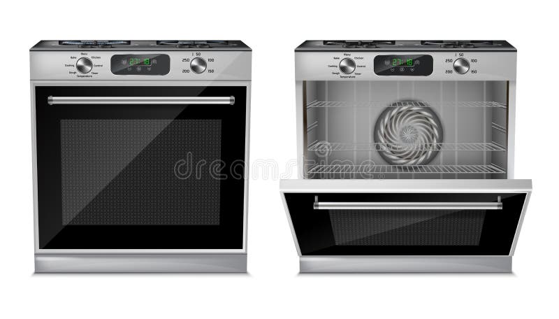 Vector 3d realistic compact oven, gas stove with open and close door isolated on white background. Household appliance with digital display, burners, timer, cooking programs, grill and fan inside. Vector 3d realistic compact oven, gas stove with open and close door isolated on white background. Household appliance with digital display, burners, timer, cooking programs, grill and fan inside