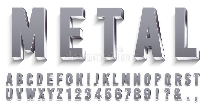 Realistisk metallstilsort Skinande metalliska bokstäver med skuggor, kromtext och uppsättningen för vektor för metallalfabet 3D