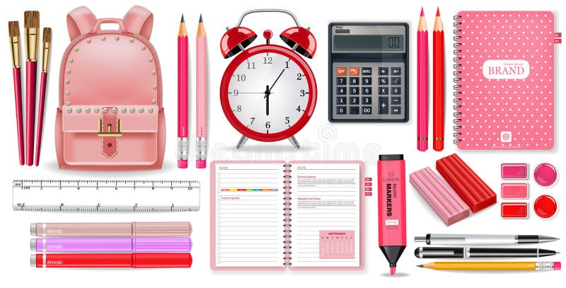 Realistisk vektor för uppsättning för rosa färger för skolatillförsel Ringklocka-, räknemaskin-, anteckningsbok- och pennhjälpmed stock illustrationer Realistisk vektor för uppsättning för rosa färger för skolatillförsel Ringklocka-, räknemaskin-, anteckningsbok- och pennhjälpmed stock illustrationer
