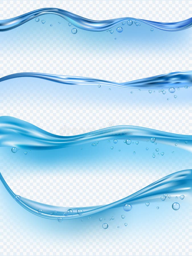 Wave realistic. Water splashes liquid surface with bubbles transparent aqua flowing vector wave picture set. Wave realistic. Water splashes liquid surface with bubbles transparent aqua flowing vector wave picture set