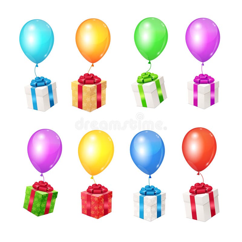 Realistiska 3d specificerade färgballonger och gåvaaskar vektor royaltyfri illustrationer Realistiska 3d specificerade färgballonger och gåvaaskar vektor royaltyfri illustrationer