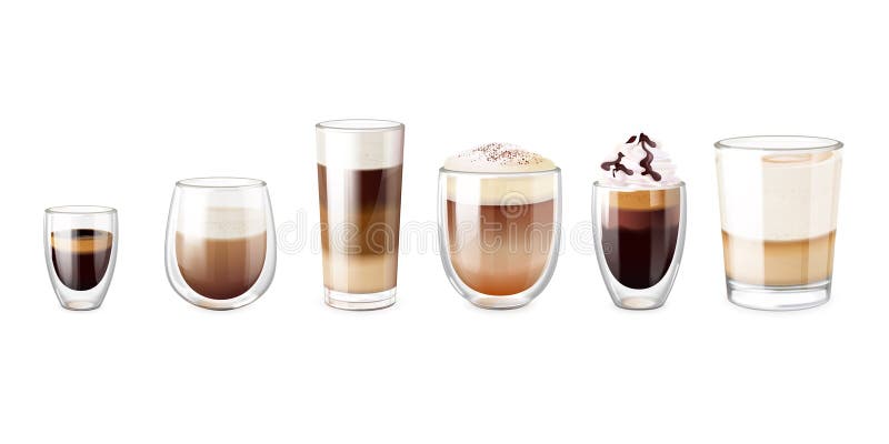 Realistiska glasbitar av kaffe. Kassaost med gräddskum eller dubbel espresso i glas macchiato milk latte hot ice vektor illustrationer