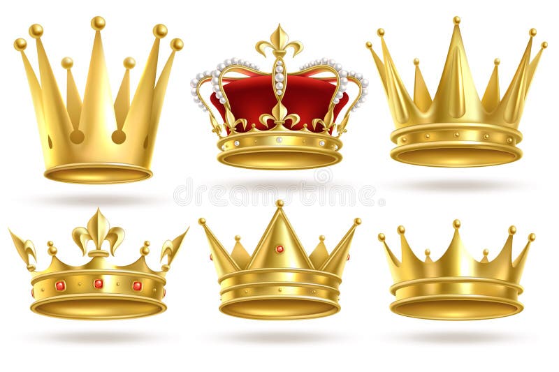 Realistiska guld- kronor Konung, guld- krona för prins och för drottning och kunglig heraldisk garnering för diadem Monarken 3d i stock illustrationer Realistiska guld- kronor Konung, guld- krona för prins och för drottning och kunglig heraldisk garnering för diadem Monarken 3d i stock illustrationer