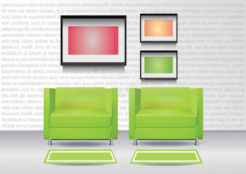 Realistiska två gröna fåtöljer med två mattor och tre photoframes på väggen för illustrationinterior för 10 eps vektor royaltyfri illustrationer Realistiska två gröna fåtöljer med två mattor och tre photoframes på väggen för illustrationinterior för 10 eps vektor royaltyfri illustrationer