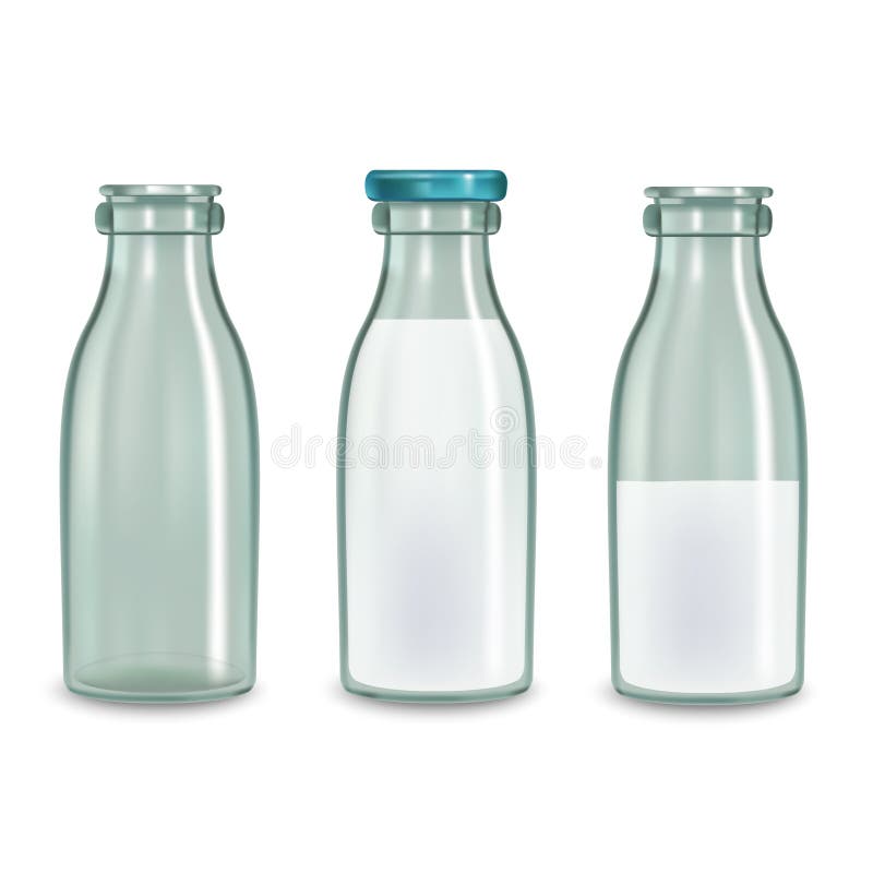 Realistiskt genomskinligt exponeringsglas mjölkar flaskuppsättningen vektor