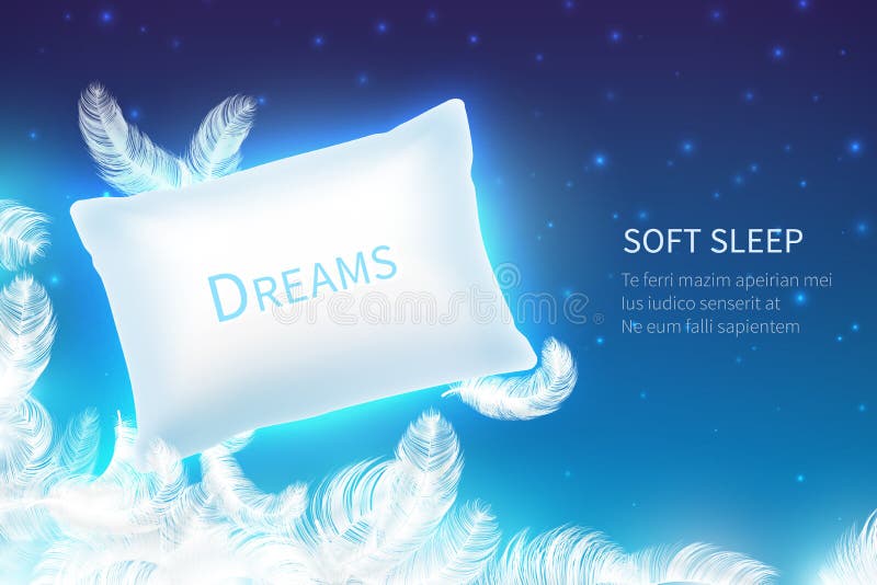 Realistic sleep concept. Soft sleep pillow with feathers, clouds and starry night sky mock up. Dream and rest 3D vector background. Realistic sleep concept. Soft sleep pillow with feathers, clouds and starry night sky mock up. Dream and rest 3D vector background