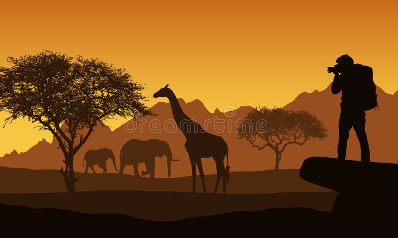 Realistyczna ilustracja Afrykański safari z krajobrazem, drzewa, słoń i żyrafa góry, Turysta z plecaków wp8lywy ilustracji Realistyczna ilustracja Afrykański safari z krajobrazem, drzewa, słoń i żyrafa góry, Turysta z plecaków wp8lywy ilustracji
