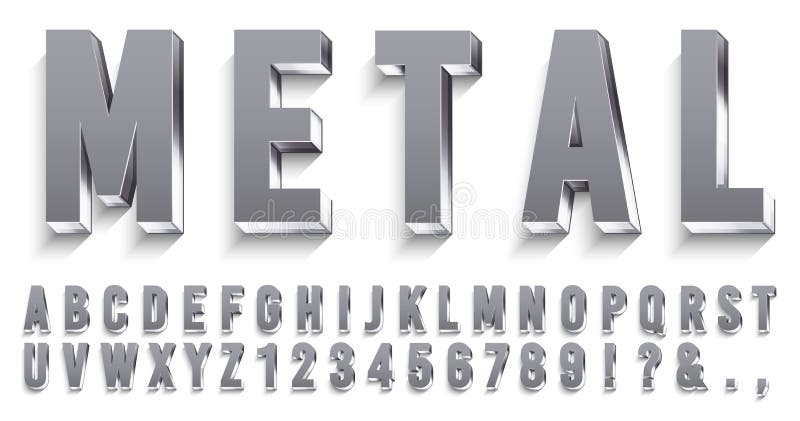 Realistic metal font. Shiny metallic letters with shadows, chrome text and metals alphabet. Credit cards steel abc and numbers, futuristic iron font. 3D vector isolated symbols set. Realistic metal font. Shiny metallic letters with shadows, chrome text and metals alphabet. Credit cards steel abc and numbers, futuristic iron font. 3D vector isolated symbols set