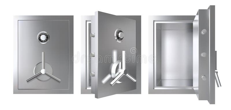 Realistyczna metal skrytka z rozpieczętowanym i zamkniętym drzwi Opancerzona pudełkowata wektorowa ilustracja ilustracji Realistyczna metal skrytka z rozpieczętowanym i zamkniętym drzwi Opancerzona pudełkowata wektorowa ilustracja ilustracji