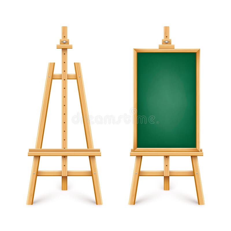 Realistyczna zielona tablica na drewnianym sztaludze. pusta tablica w drewnianej ramce na statywie. pisanie tablicy prezentacji