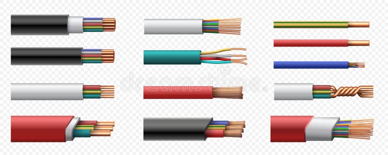 Realistyczne kable koncentryczne elektryczne z przewodem miedzianym 3d przewieszanym kablem z plastikową osłoną zabezpieczającą. p ilustracji