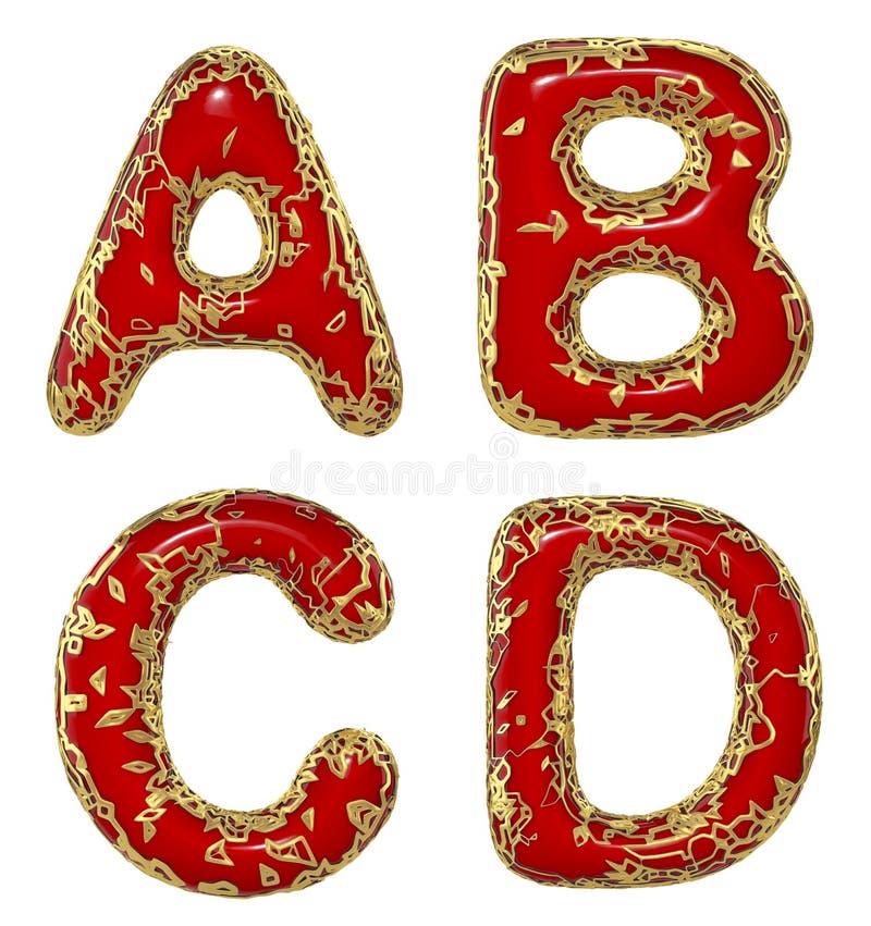 Realistyczne litery 3d, a b c d wykonane ze złotych, błyszczących metalowych liter.