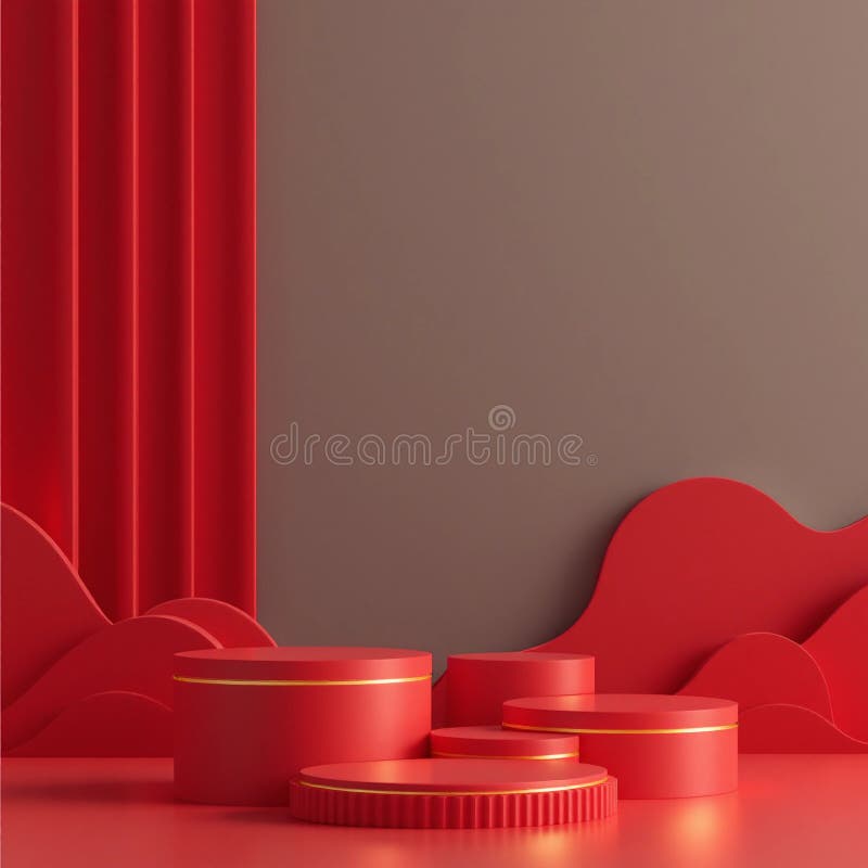 Realistyczne podium pedestal 3d ciemnoczerwono-złote cylinder do prezentacji produktu abstrakcyjne minimum scena makijaż szczęśliw fotografia stock