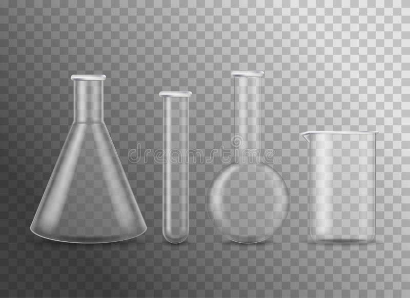 Realistyczne, szczegółowe 3d puste chemiczne kolby szklane. wektor ilustracji