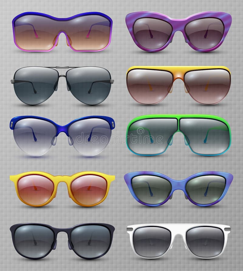 Realistyczni moda okulary przeciwsłoneczni, szkła i odizolowywali wektoru set ilustracji Realistyczni moda okulary przeciwsłoneczni, szkła i odizolowywali wektoru set ilustracji