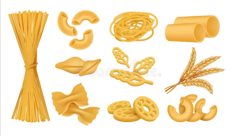 Realistyczny makaron Włoszczyzny suchy pszeniczny jedzenie, różni typy makaronów klusek farfalle fusilli penne Wektor 3D odizolow royalty ilustracja