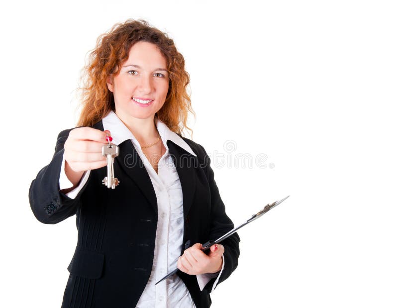 Realtor handing the keys isolated over white. Focus to face.